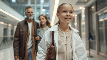 Girl patient looking forward to her doctor and examination in a modern clinic. Girl arriving in hospital with her parents. Emotional support during medical examination