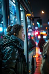 Obraz premium A woman stands alone at a bus stop under the streetlights on a dark and quiet night