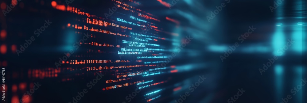Poster Abstract data code visualization with red and blue lines on a dark background. Concept of data flow, cybersecurity, and digital technology