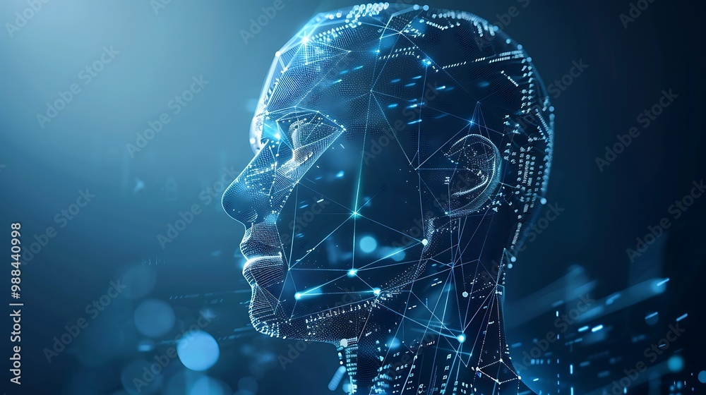 Poster digital portrait of a humanoid ai, rendered in a futuristic style with lines and points creating a c