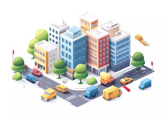 Isometric city, white background with cars and buildings, vector illustration
