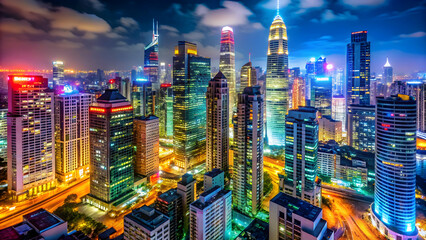 Fototapeta premium Wide-angle view of a vibrant cityscape at night with colorful lights and skyscrapers, architecture, urban, cityscape