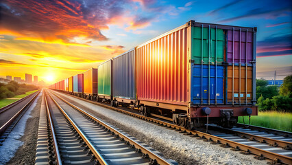 Fototapeta premium Train moving with colorful containers on railway tracks, logistics, transportation, cargo, shipping, industry, supply chain