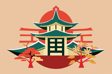 Fototapeta premium Experience a customizable semi-flat illustration showcasing traditional Japanese architecture surrounded by nature, enhancing cultural beauty and creativity.