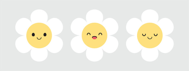 Cute white flower cartoon character with facial expression. Flat design illustration.