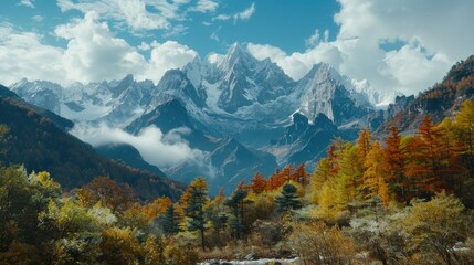 A scenic view of a mountain range with a river flowing through it, suitable for use as a background or in travel photography