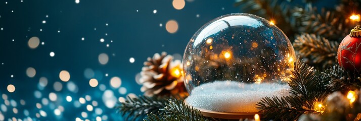 Christmas baubles glass balls and pine branches. Horizontal banner web poster, header for website minimal design. Xmas holiday background. Festive border