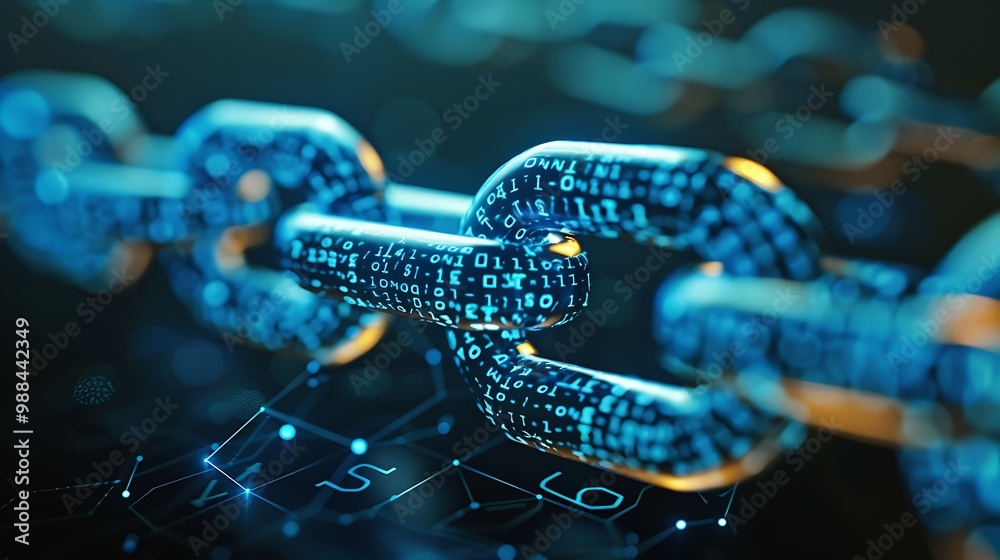 Poster close-up of a digital chain, made up of code and binary data, signifying digital security and connec