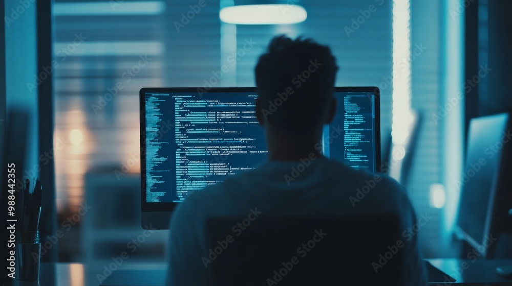 Poster Developer working late at night on a desktop with blue lighting and code on the screen. Focus on programming and digital technology.