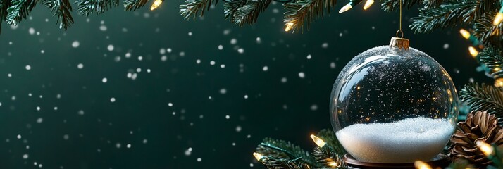 Christmas baubles glass balls and pine branches. Horizontal banner web poster, header for website minimal design. Xmas holiday background. Festive border