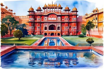 Vibrant Watercolor Painting of Jaipur City Palace Indian Architecture