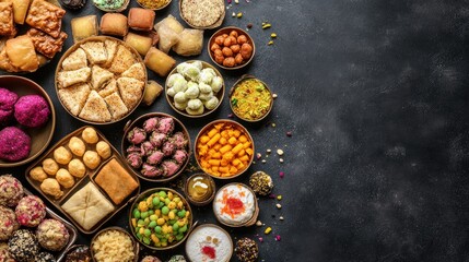 Fototapeta premium An assortment of Indian sweets and savories, top view, leaving space for copy text.