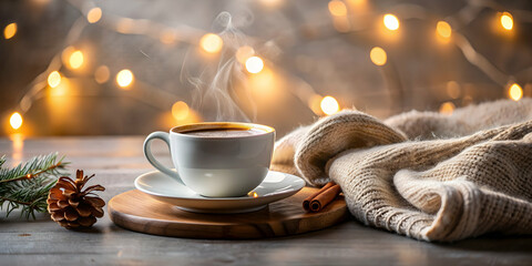 Fototapeta premium Cozy ambiance with a hot cup of coffee in a minimalistic setting, cozy, hot drink, coffee shop, minimalist
