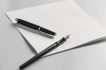 A pen sits on top of a piece of paper, ready for use