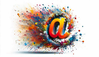 A vibrant, colorful "@" symbol surrounded by dynamic paint splashes, representing digital communication, creativity, and modern art