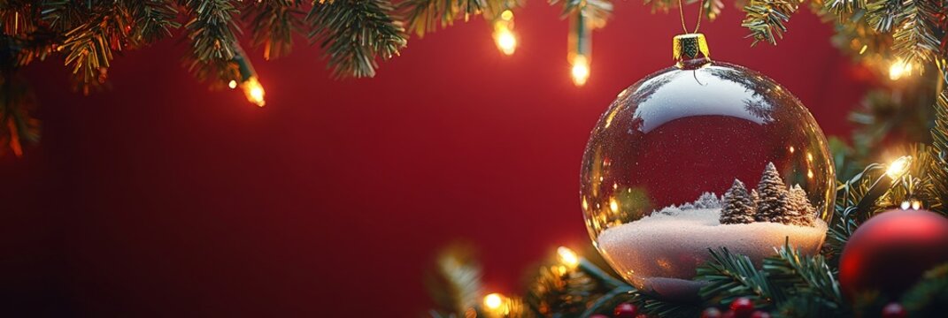 Christmas baubles glass balls and pine branches. Horizontal banner web poster, header for website minimal design. Xmas holiday background. Festive border