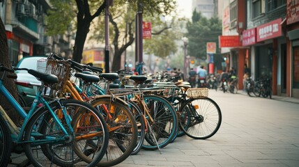 Obraz premium Bicycles parked on a busy Chinese street corner, leaving room for copy space in the background.