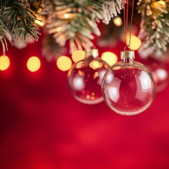 Elegant clear glass Christmas ornament hanging from a green pine branch, with warm bokeh lights in the blurred background, creating a festive and cozy holiday minimal design