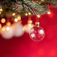 Elegant clear glass Christmas ornament hanging from a green pine branch, with warm bokeh lights in the blurred background, creating a festive and cozy holiday minimal design
