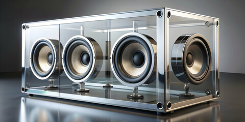 High-fidelity see-through speaker with glass case showing inner woofers, tweeters, and subwoofers ,...