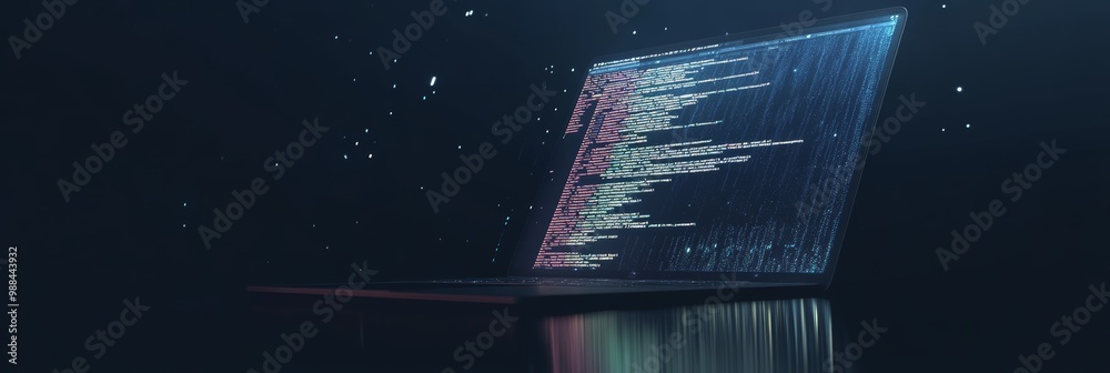 Fototapete Laptop with lines of code in a dark setting with digital particles surrounding it. Perfect for hacking, cyber security, and software development visuals.