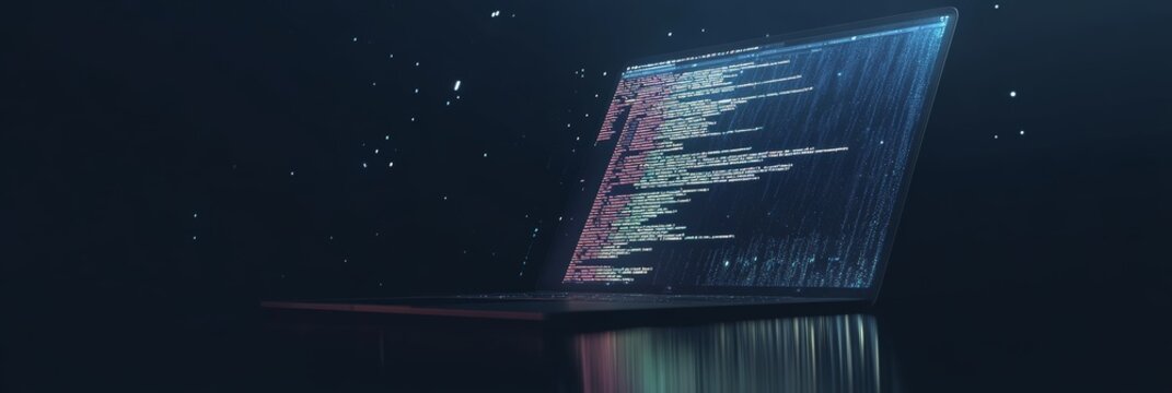 Laptop with lines of code in a dark setting with digital particles surrounding it. Perfect for hacking, cyber security, and software development visuals.
