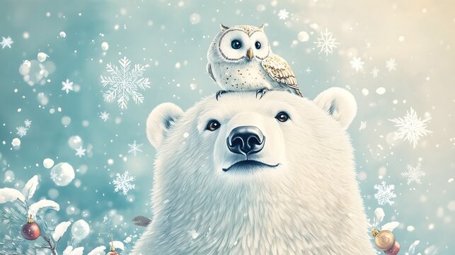 Watercolor and pencil drawing of a cheerful polar bear with an owl perched playfully on its head