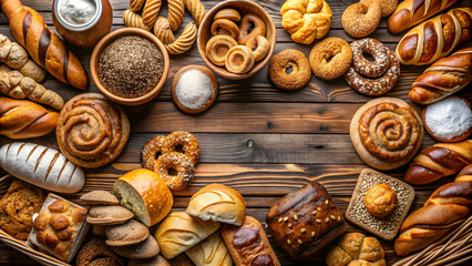 Mouthwatering collection of freshly baked goods for bakery-themed online presence, bakery, bread, pastries, cake, cookies