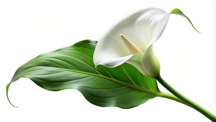 Obraz premium A beautiful white arum lily stands tall on a long stem, its pure white petals and green leaves