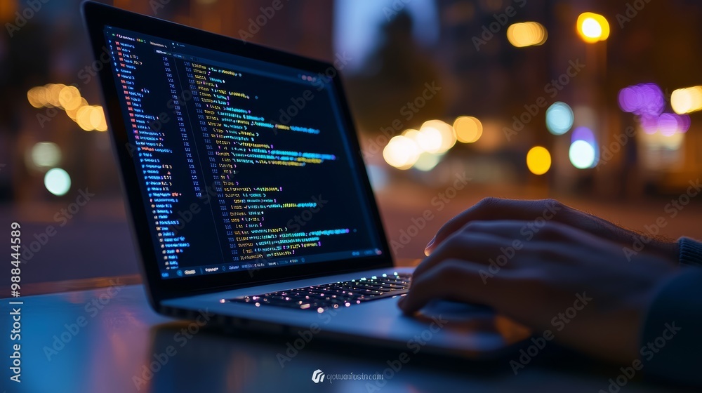 Aufkleber hands coding on a laptop outdoors at night with blurred city lights in the background, representing 