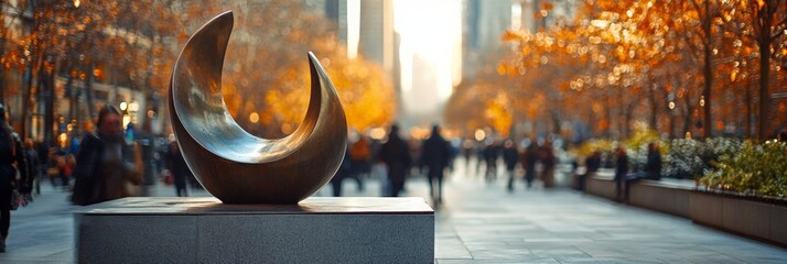 Urban Plaza with Modern Sculptures, contemporary design, vibrant atmosphere, softly blurred cityscape backdrop, inviting public space