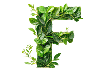 Botanical Letter F with Green Leaves and Foliage, Nature-Inspired Typography and Eco-Friendly Design on Transparent Background, Perfect for Environmental Themes