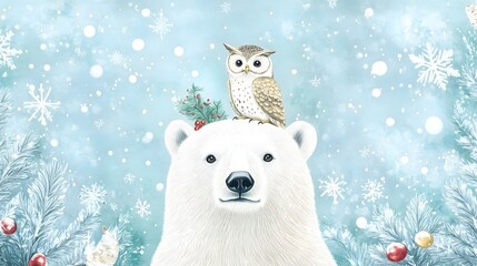 Polar Bear with Owl on Head in Watercolor and Pencil Art - Wildlife Drawing