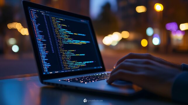 Hands coding on a laptop outdoors at night with blurred city lights in the background, representing software development and remote work.