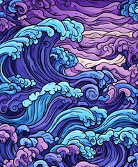 Fototapeta premium Abstract illustration of a wave pattern in purple, blue, and white colors.