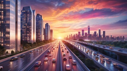 Fototapeta premium A busy urban highway at sunset, with tall skyscrapers on either side and the city skyline glowing in the distance under a colorful sky