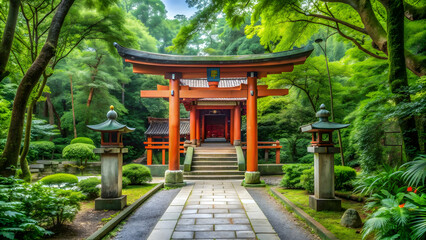 Obraz premium Traditional Japanese shrine surrounded by lush greenery and torii gates, Japan, shrine, Shinto, architecture, traditional