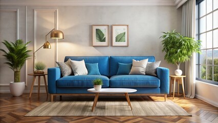 A bright blue sofa injects a pop of color into a modern living room, where it's anchored by