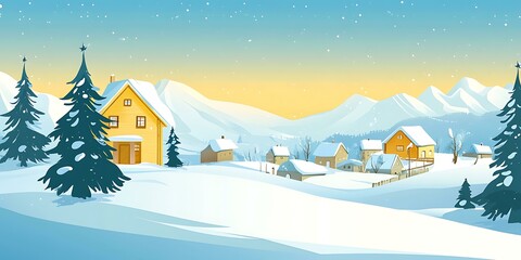 Fototapeta premium Snowy Village Landscape Illustration with Mountains