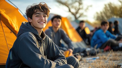 teenagers sitting on the ground in front of tents