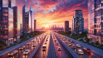 Obraz premium A busy urban highway at sunset, with tall skyscrapers on either side and the city skyline glowing in the distance under a colorful sky