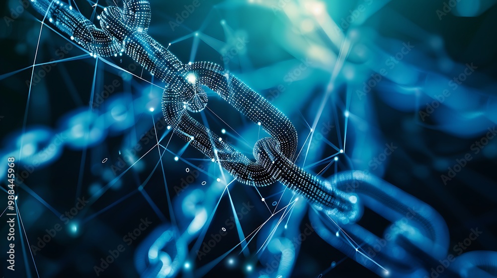 Poster abstract digital representation of a blockchain chain with connected links.