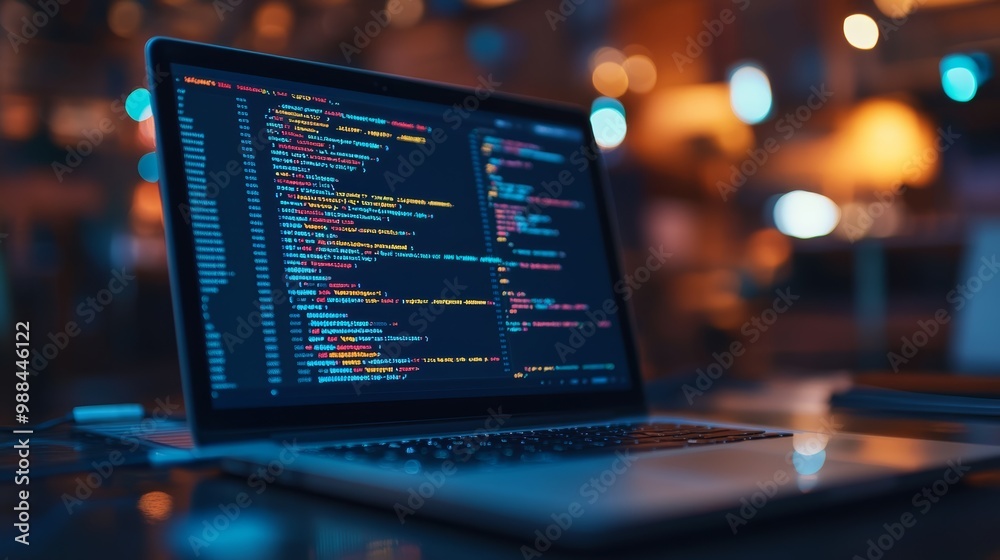 Poster Close-up of programming code on a laptop with bokeh lights. Nighttime setting emphasizes focused coding and development.