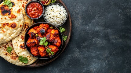 Indian tandoori platter with naan and rice, top view with a clear background for copy space