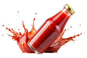 A dynamic shot of a ketchup bottle with an explosion of sauce, highlighting the vibrant red color and motion, on a transparent background