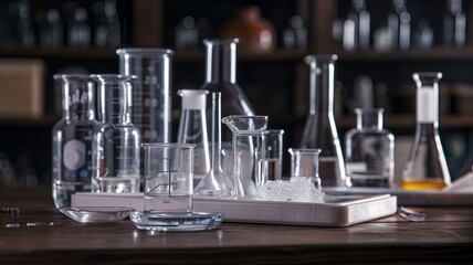 Detailed shots of chemistry lab tables with various glassware and colorful liquids