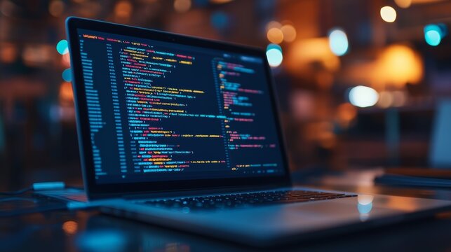 Close-up of programming code on a laptop with bokeh lights. Nighttime setting emphasizes focused coding and development.