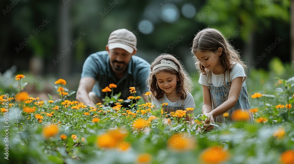 Canvas Prints three daughters helping father to plant flowers home gardening concept