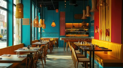 Fototapeta premium Modern South Asian restaurant with colorful decor, no people, and plenty of copy space available.