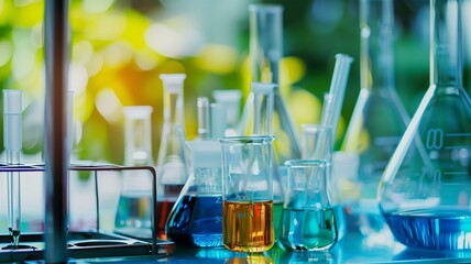 Detailed shots of chemistry lab tables with various glassware and colorful liquids